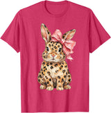 Cute Bunny Leopard Coquette Bow Rabbit Easter Women Girls T-Shirt in Red Heather