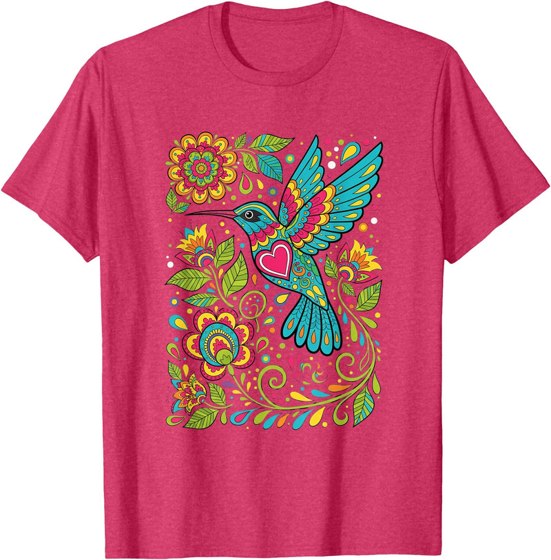 FolkFlight Design Co Bird Hummingbird Floral Folk-Art Colorful T-Shirt - Red Heather