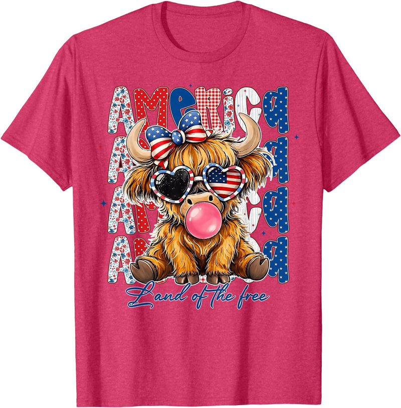 Cute Cow Creations Highland Cow 4th of July, Patriotic Cowgirl Bow Design T-Shirt - Red Heather