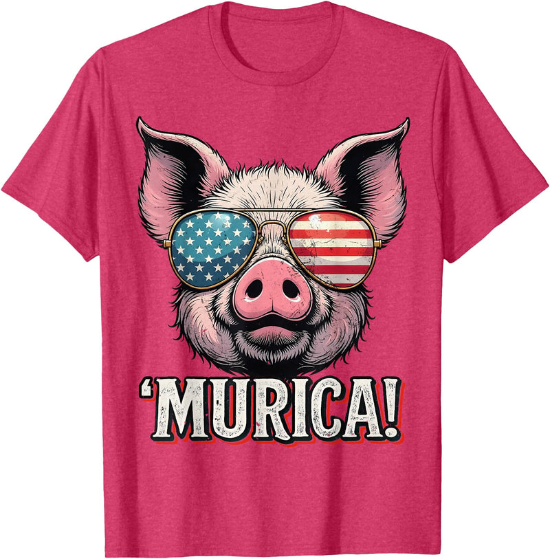 Murica 4th of July Independence day Murica Pig 4th of July American Flag Patriotic USA T-Shirt - Red Heather