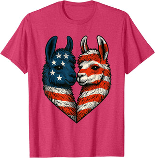 Fourth of July Clothing Co. Patriotic Llamas Heart American Flag 4th of July Graphic T-Shirt - Red Heather
