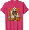 Halloween Pumpkin Ghost Autumn Leaves Graphic Cute Spooky Ghost Fall Halloween Coffee Latte Autumn Pumpkin T-Shirt - Red
