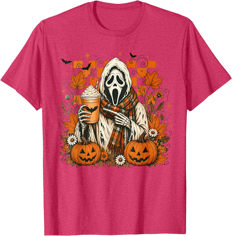 Halloween Pumpkin Ghost Autumn Leaves Graphic Cute Spooky Ghost Fall Halloween Coffee Latte Autumn Pumpkin T-Shirt - Red