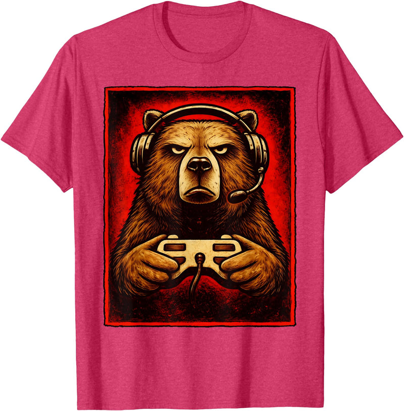 Funny Gaming Bear Gamer Graphic Gamer Bear Graphic Funny Gaming Animal Grizzly Bear Costume T-Shirt - Red Heather