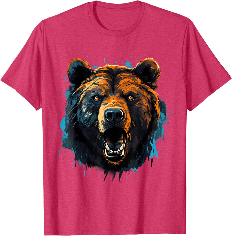 Forest Animal Art Bear Portrait Splash Forest Artwork Animal Lovers Motif T-Shirt - Red Heather