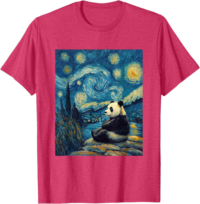 Bear Designs. Cute Panda Bear Van Gogh Style Starry Night Graphic T-Shirt - Red Heather