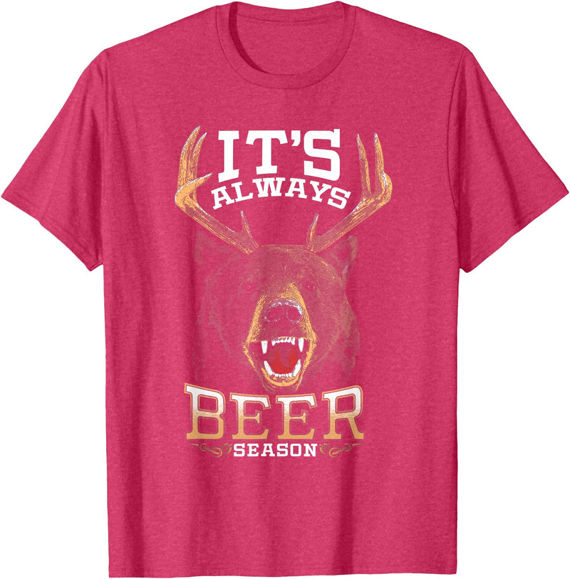 Hunted Apparel It's Always Beer Season Bear Deer Beer Funny Hunter Hunting T-Shirt - Red Heather