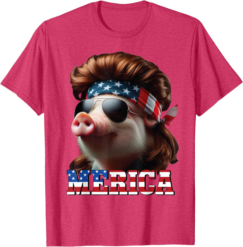Funny Mullet Farm Pig Patriotic Pig Merica Mullet 4th of July And Father's Day Man Funny T-Shirt - Red Heather