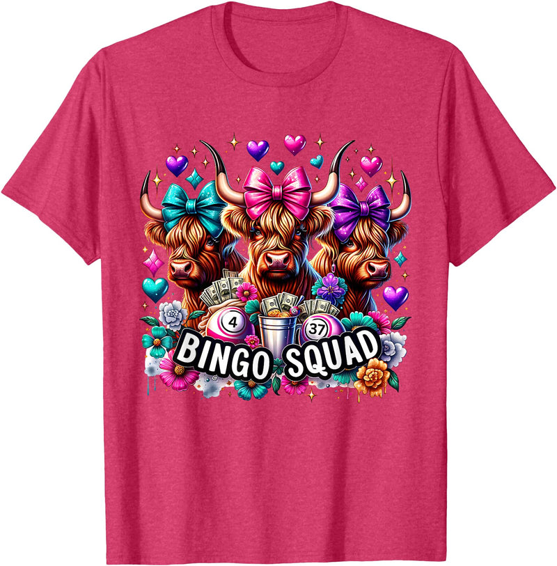 Highland Cow Bingo Player Gambler Lottery Player Highland Cow Bingo Squad Player Gambler Lottery Game Lovers T-Shirt - Red