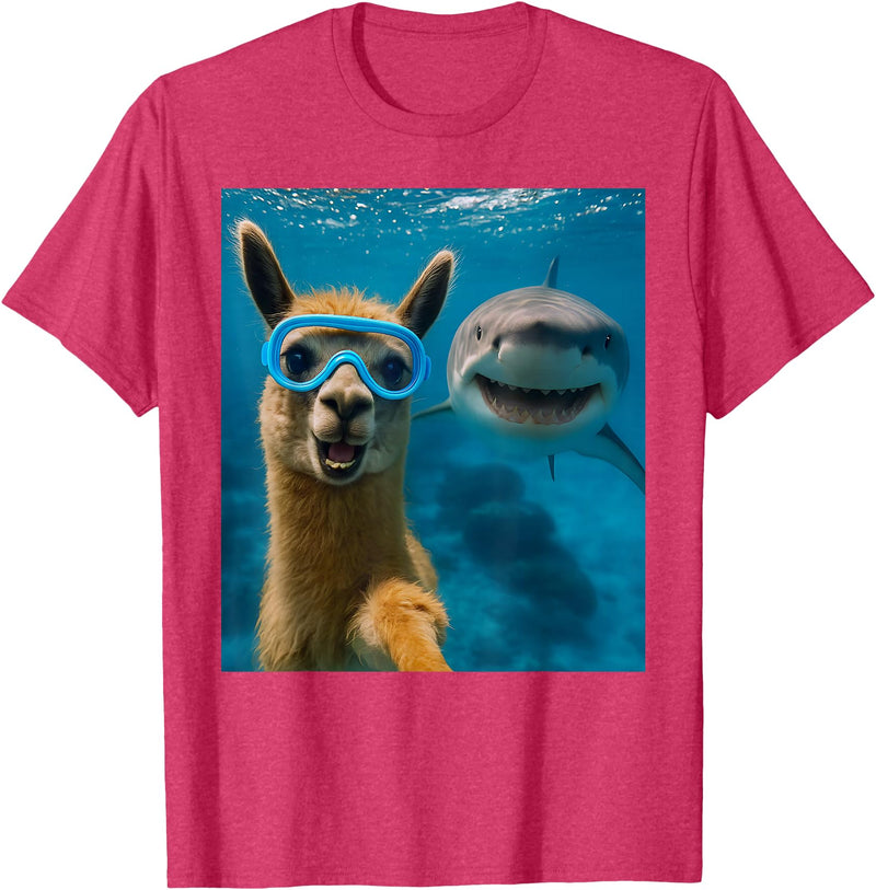 Selfie Llama and Shark Summer Scuba Diving Funny Llama Selfie with Shark Ocean Lovers T-Shirt - Red Heather