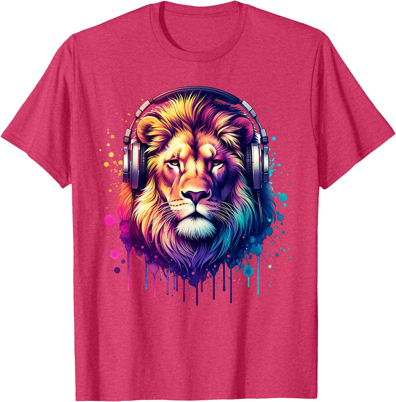 Funny Animal With Headphones Lion with Headphones T-Shirt - Red Heather