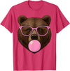 Bear Face Wearing Glasses Apparel For Women ladies Cute Bear Face Eating Gum and Makes Bubble Funny Bears Women T-Shirt - Red Heather