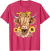 Kala Floral Highland Cow Designs Cute Scottish Highland Cow Wearing Sunflower Bandana Heifer T-Shirt - Red Heather