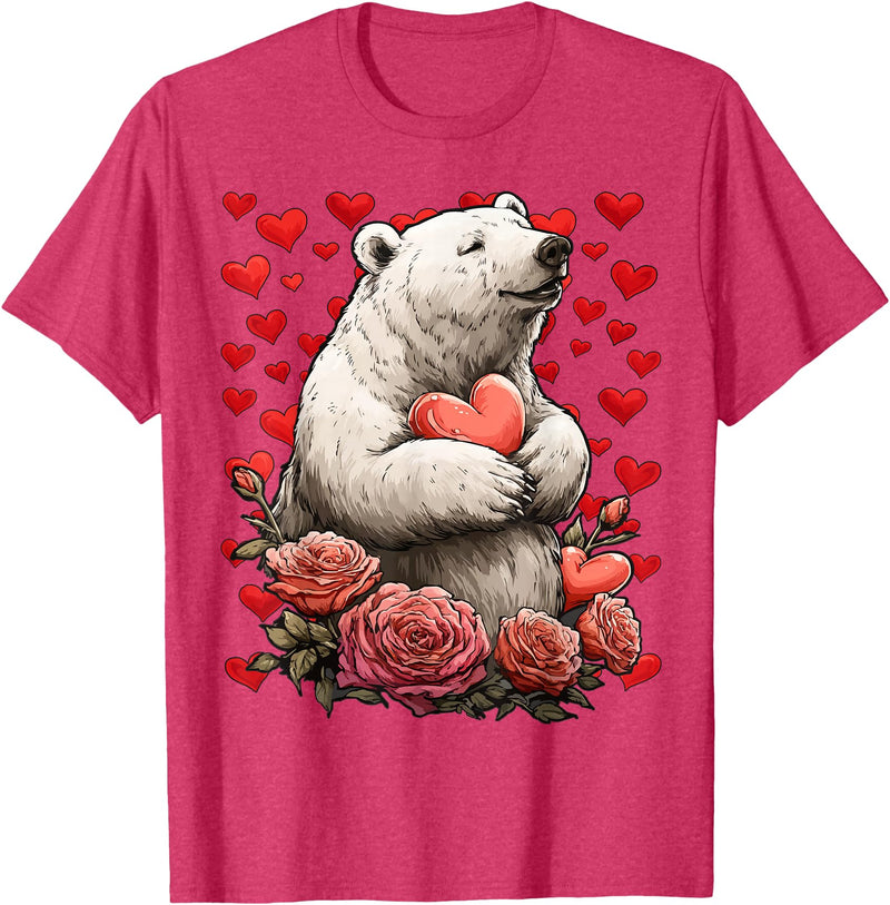 Romantic Animals Valentine’s Day Presents Cute Polar Bear with Red Roses Hearts Valentine’s Day Animal T-Shirt - Red Heather