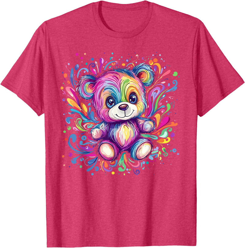 Vibrant Colorful Teddy Bear Illustration Rainbow Splash Teddy Bear T-Shirt - Red Heather