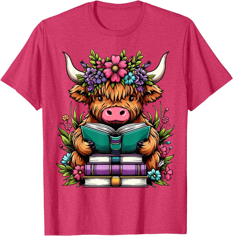 Funny Highland Cow Lover Highland Cow Book Floral Bookworm T-Shirt - Red Heather