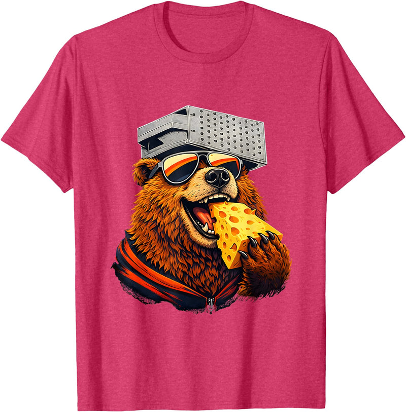 Retro Bear with Cheese for Boys Funny Animal humor Retro Bear Eating Cheese with a Grater Hat T-Shirt - Red Heather