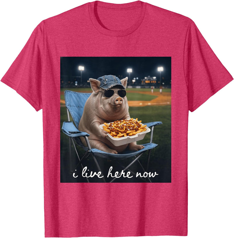 Funny Men Women Pig Baseball Outfit Funny Pig Baseball I Live Here Now T-Shirt - Red Heather