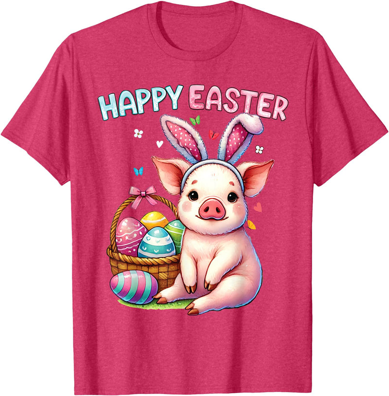 Farm Animal Lovers Cute Pig Easter Holiday Gifts Happy Easter Farm Animal Pig Lovers Bunny Women Kids Girls T-Shirt - Red Heather
