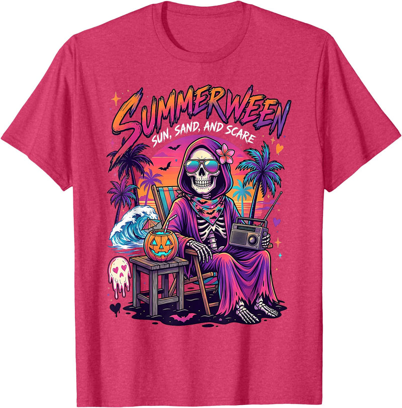 Summerween Halloween in July Spooky Summer Horror summerween Sun Sand and Scare Skeleton Halloween T-Shirt - Red Heather