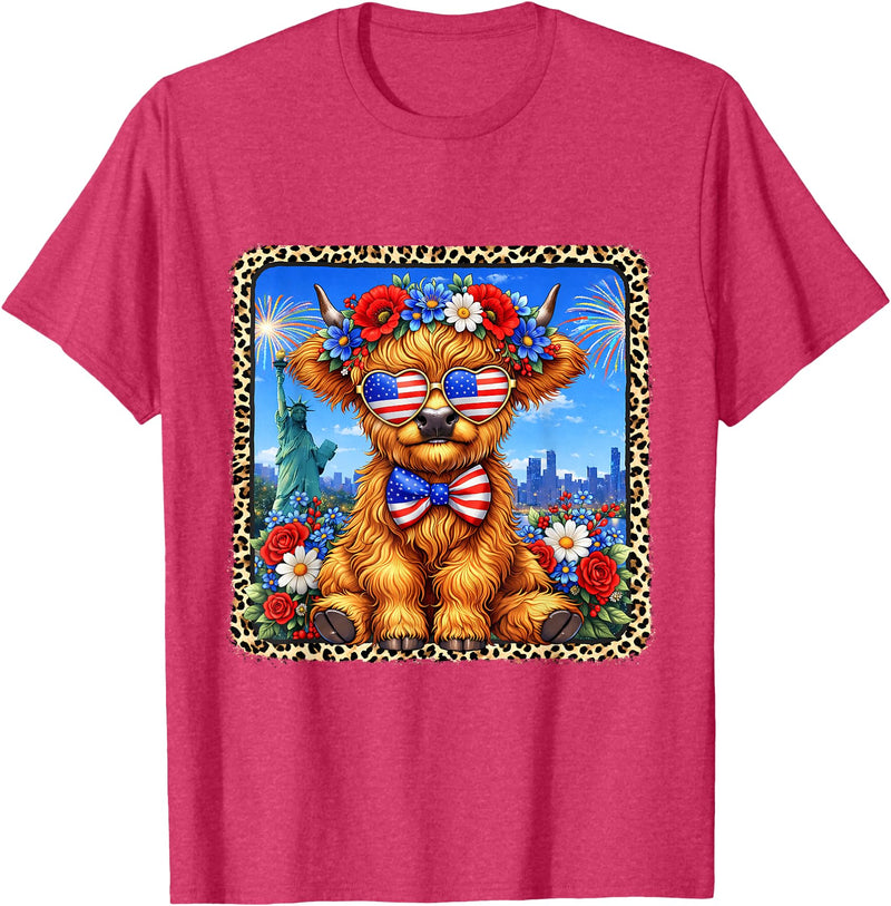 4th of July Apparel 4th of July Cow Patriotic Heart Glasses USA Floral Leopard T-Shirt - Red Heather
