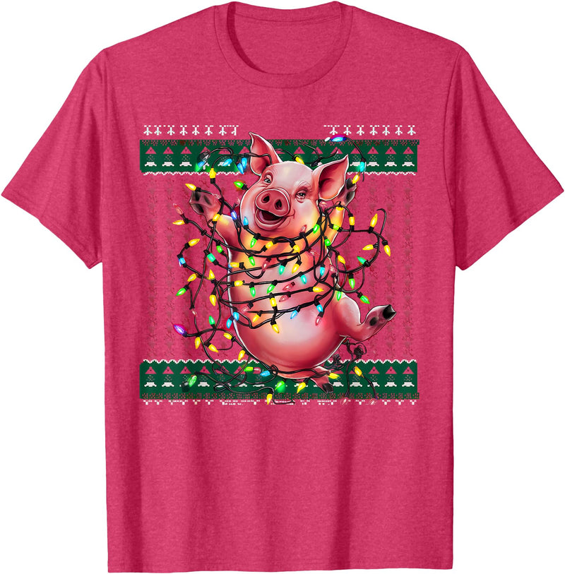 Christmas Sweater Tshirt For Men Women Santa Claus Christmas Family Xmas Ugly Christmas Outfit Merry Pig T-Shirt - Red Heather
