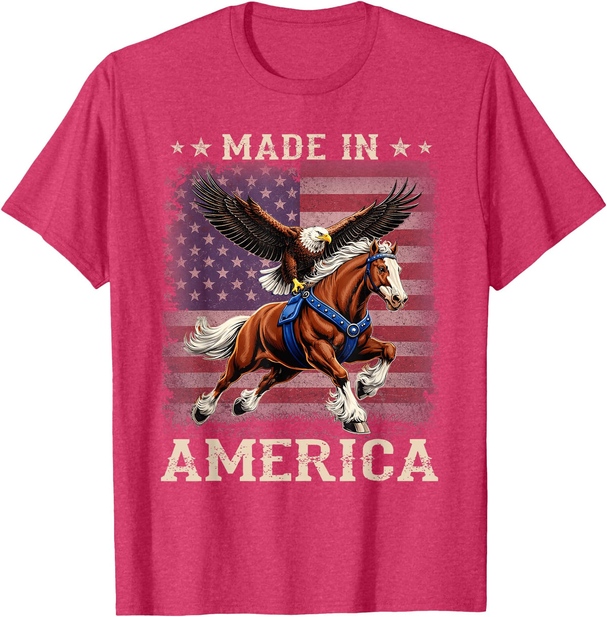 Made In America Patriotic Tees Made in America Western Horse Eagle USA Flag T-Shirt - Red Heather