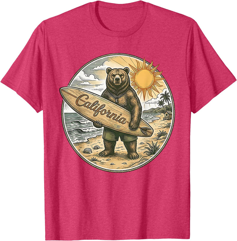Retro Coastal Surf Bear Vintage Beach Apparel Vintage California Surf Bear Beach Retro Coastal Summer T-Shirt - Red Heather