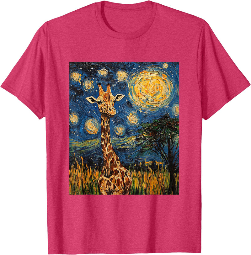 Giraffe Designs. Giraffe Africa Van Gogh Style Starry Night Cute Graphic T-Shirt - Red Heather