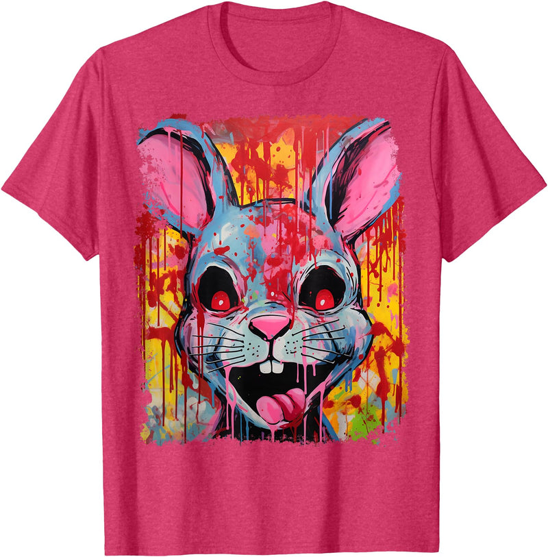 Pop Art Colorful Killer Bunny Rabbit Halloween T-Shirt in Red Heather