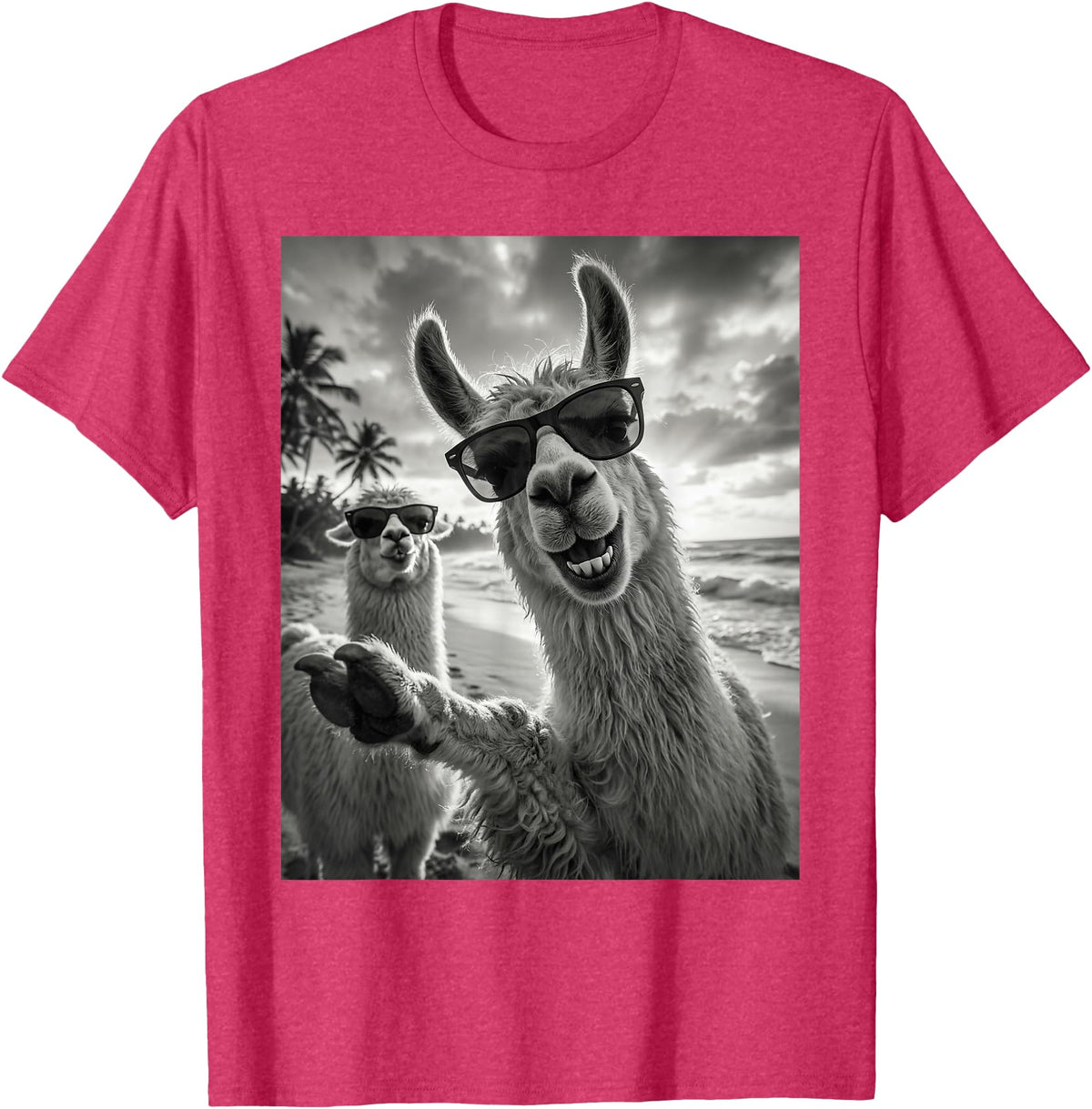 Funny Llama Stuff Accessories & Gifts Cool Llama Selfie At The Beach, Cute Llamas Alpaca T-Shirt - Red Heather