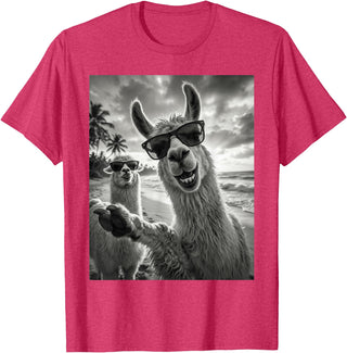 Funny Llama Stuff Accessories & Gifts Cool Llama Selfie At The Beach, Cute Llamas Alpaca T-Shirt - Red Heather