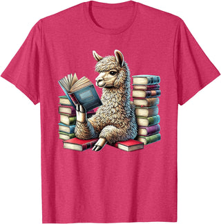Llama Book Lover Llama Reading Book Reader Bookworm Alpaca Lover T-Shirt - Red Heather