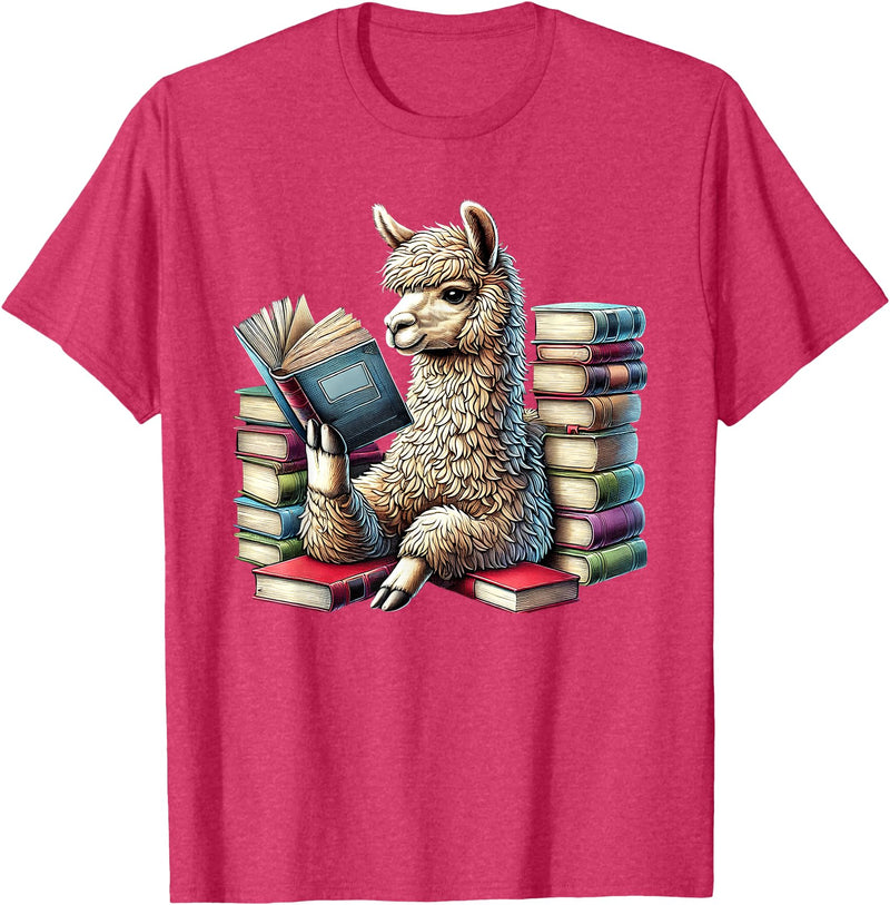 Llama Book Lover Llama Reading Book Reader Bookworm Alpaca Lover T-Shirt - Red Heather
