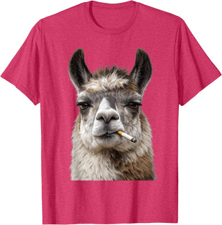 FunWearVM Funny Smoking Llama Cool Animal Lover with Attitude T-Shirt - Red Heather