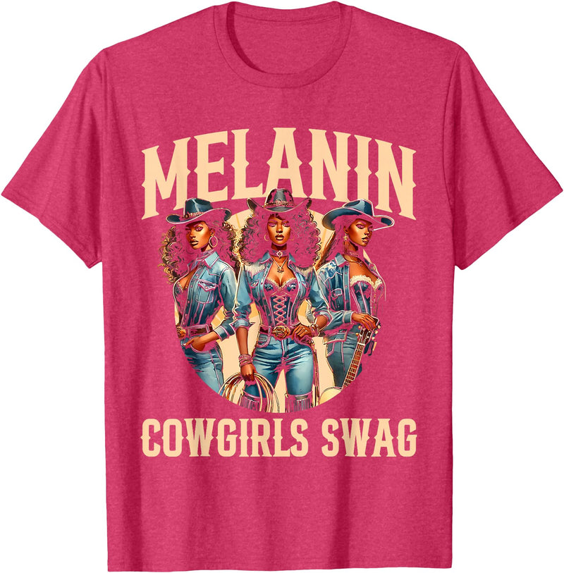 Funny Cowgirl Women Melanin Cow Girl Outfit Cowgirl for Women African Tee Melanin Cow Girl Outfit T-Shirt - Red Heather