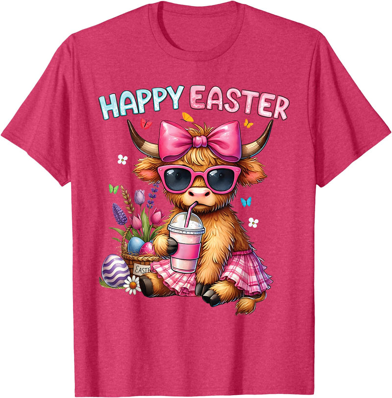 Farm Animal Highland Cow easter Gifts Happy Easter Day Highland Cow Cute Holiday Bunny Women Kids T-Shirt - Red Heather