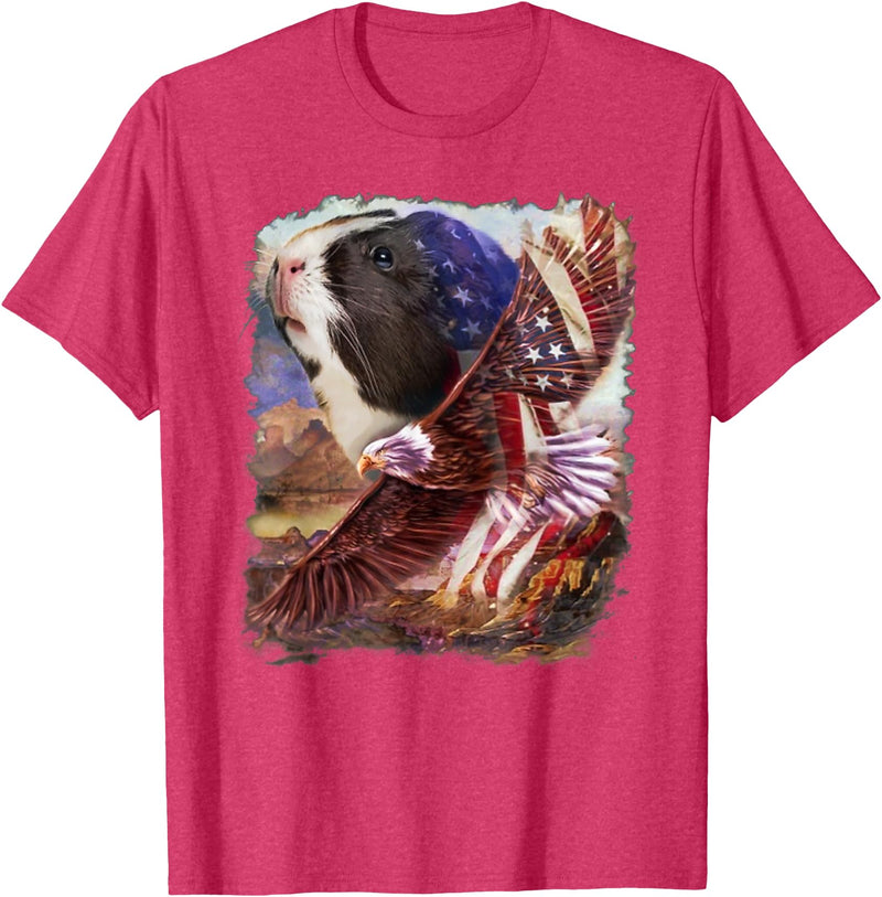 Guinea Pig American Flag 4th July Independence Eagle Women Kids Men T-Shirt - Red Heather