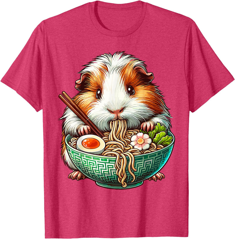 Cute Guinea Pig Gifts Guinea Pig Eating Ramen Japanese Noodles T-Shirt - Red Heather