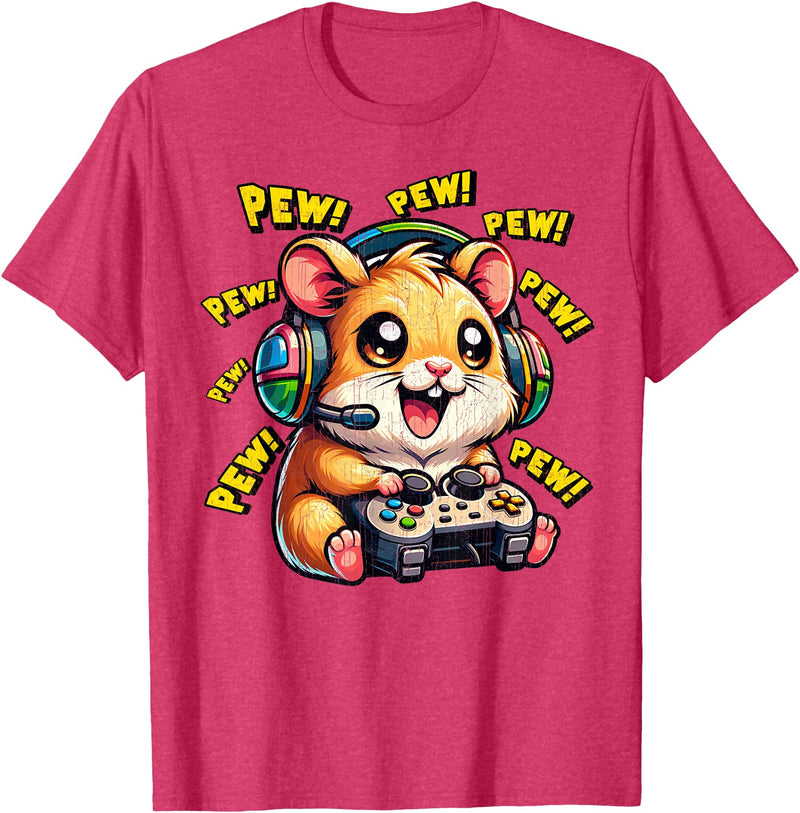 Hamster Gamer Pew Funny Video Games Vintage Boys Men Girls T-Shirt - Red Heather