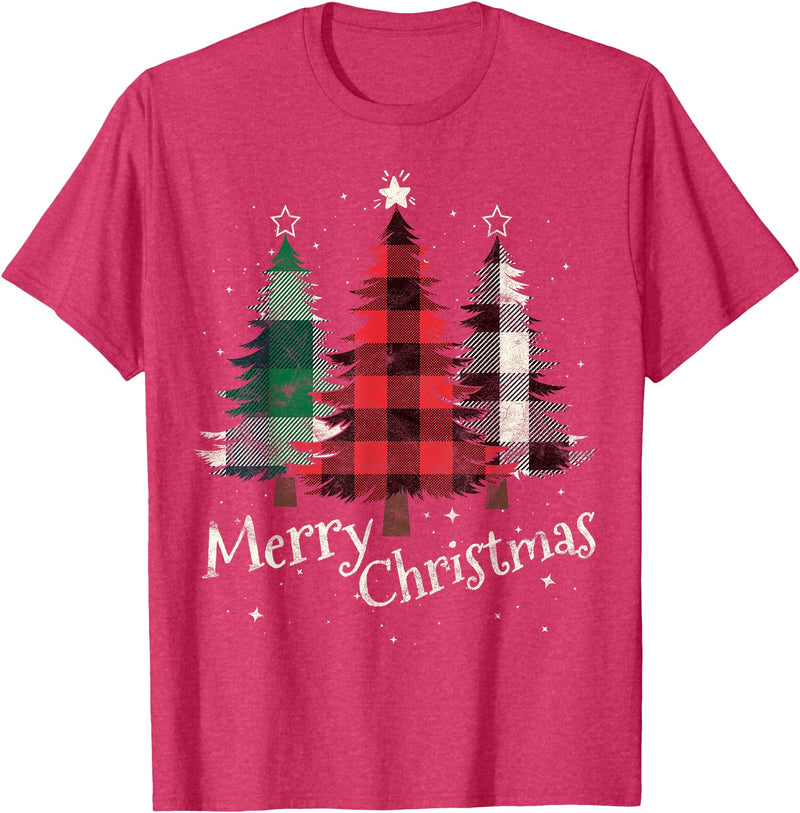 Merry Christmas Apparel Matching Family Clothes Merry Christmas Three Xmas Trees Buffalo Plaid Woman Gift T-Shirt - Red