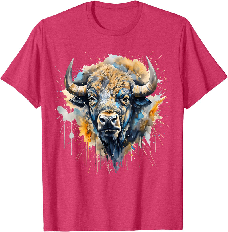 Safari Animal Art Buffalo Portrait Colorful Splash Artwork Wildlife Bison T-Shirt - Red Heather