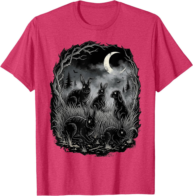 Midnight Woodland Rabbit Art Apparel Graphic Tees Creepy Black Rabbits Moonlit Forest Gothic Horror Halloween T-Shirt - Red