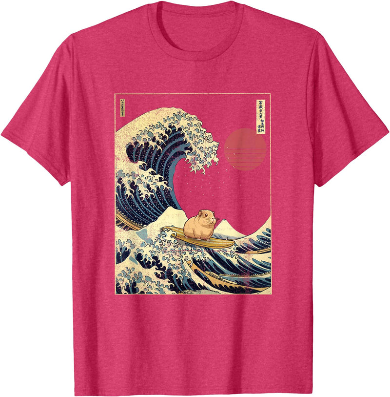 AxisNagawa Guinea Pig Kanagawa Wave Funny Surf Animal T-Shirt - Red Heather
