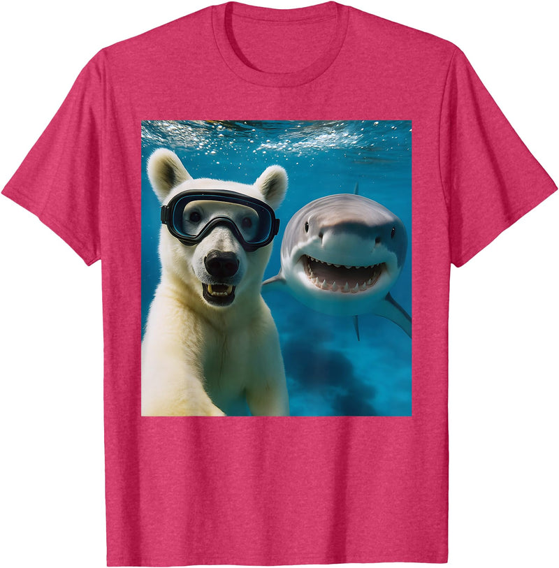 Selfie Polar Bear and Shark Summer Scuba Diving Funny Polar Bear Selfie with Shark Ocean Lovers T-Shirt - Red Heather