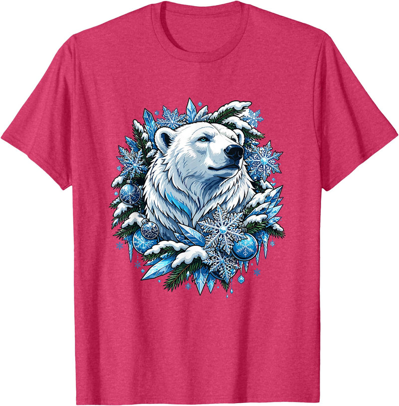 Arctic Polar Bear Winter Snowflakes Christmas Polar Bear Wreath Ice Crystals T-Shirt - Red Heather