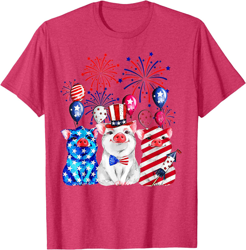 Fireworks American Flag Funny Pig 4th of July Fireworks American Flag Funny Pig Patriotic Farmer 4th July T-Shirt - Red Heather