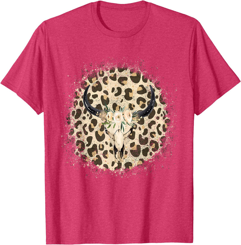 Funny Leopard Cow Skull designs Funny Leopard Cow Skull print Flower Rustic Turquoise T-Shirt - Red Heather