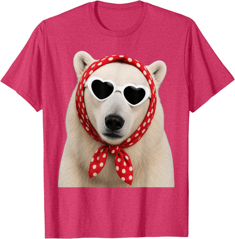 Funny Polar Bear with Sunglasses Cute Polar Bear Lover Heart Sunglasses T-Shirt - Red Heather