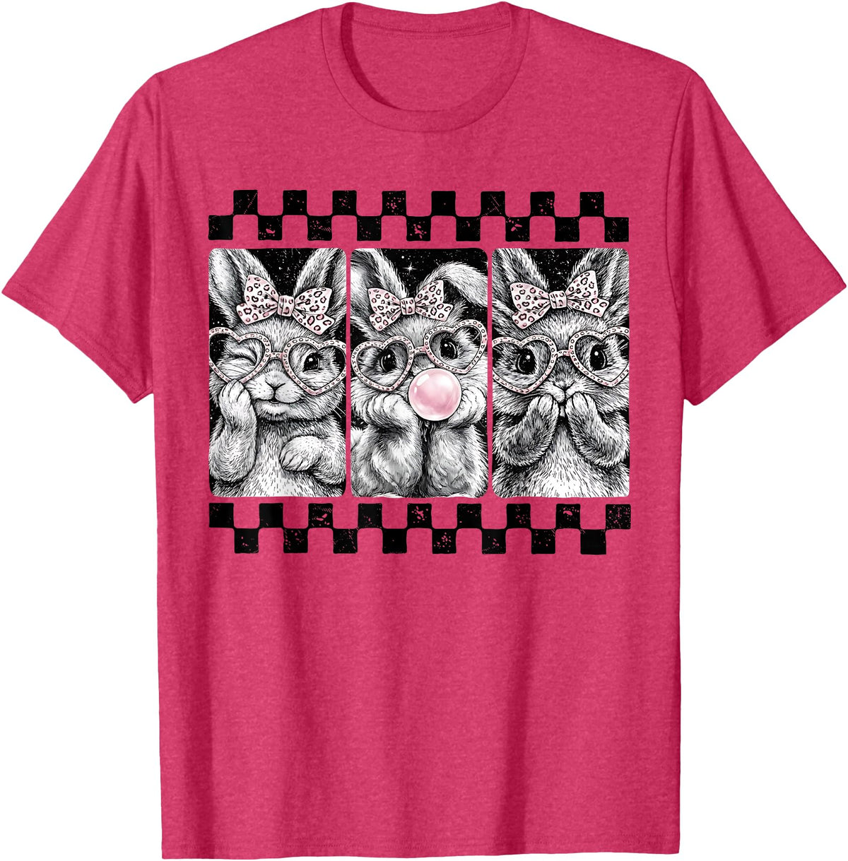 Leopard Bow Bunny Blowing Bubble Checkered Easter Day Girls T-Shirt in Red Heather